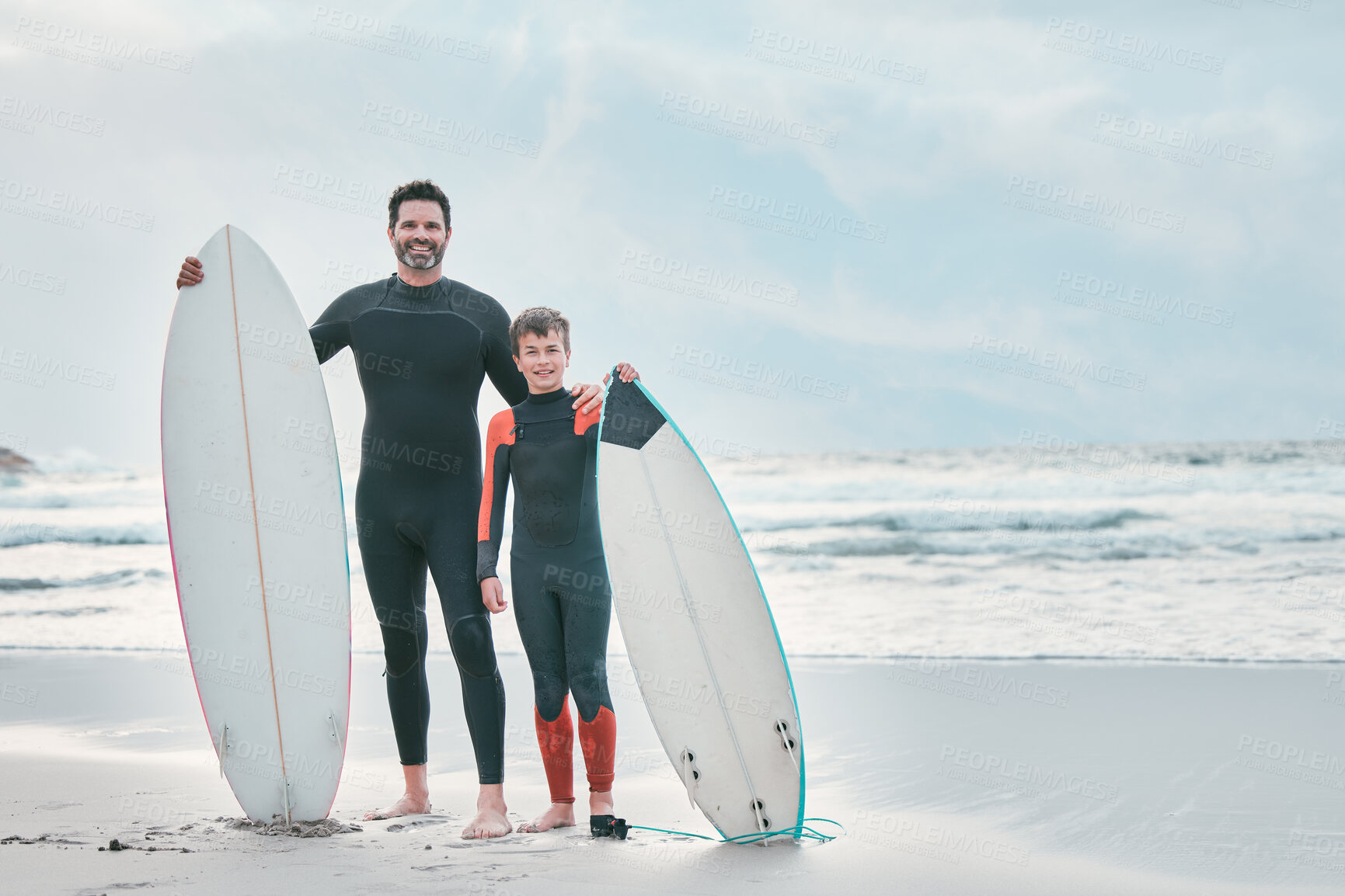 Buy stock photo Surfboard, dad or child on beach for portrait, sports or exercise on mockup space or bonding adventure. Surfer, father and son at sea for surfing, teaching or learning together with support or growth