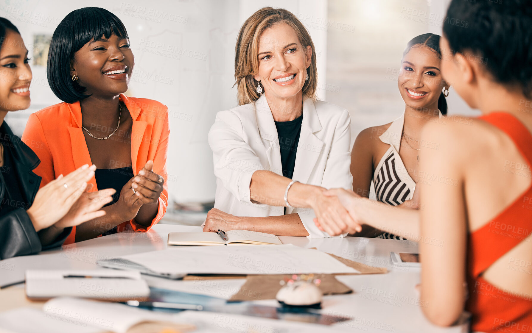 Buy stock photo Handshake, success and fashion with women in design agency for trend forecast, textile deal or creative director. Team, production stylist or project management with people for branding identity