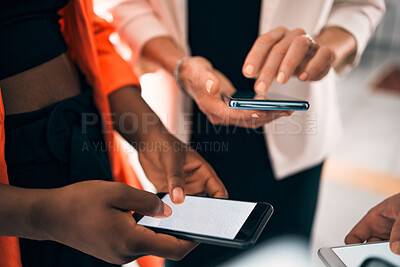 Buy stock photo Phone screen, mockup and people hands typing for business communication, contact us and social media chat. Mobile app, networking and group of women for connection, collaboration and internet search