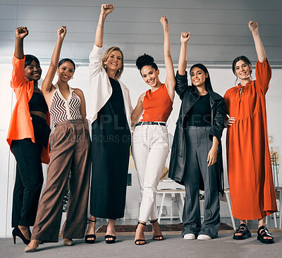 Buy stock photo Fist, power and business women standing together. for success, winning and gender equality or fight for human rights. Portrait, teamwork and group of people with empowerment, yes hands or celebration