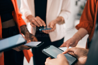 Buy stock photo Contact us, phone and people hands typing for business communication, networking and social media chat. Mobile app, screen and group of women in circle, connection and Web 3.0 or internet in office