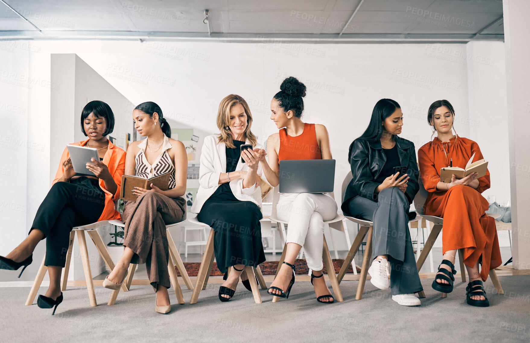 Buy stock photo Waiting room, networking and business women with job search on phone, tablet and laptop or notebook planning. Gender equality, diversity and group of people talking, teamwork and career collaboration