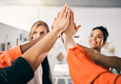 Buy stock photo ?High five, teamwork and business people in meeting celebration, success and collaboration for faith or goals. Solidarity, winning and happy group of women, hands together and team support in office
