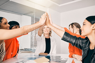 Buy stock photo High five, teamwork and business women in meeting celebration, success and collaboration for empowerment. Solidarity, gender equality and happy group of people, hands together and support in office
