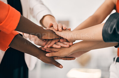 Buy stock photo Hands stacked, support and group of people with teamwork, collaboration goals and community or solidarity in zoom. Diversity women, circle and team work, faith or together sign for project or startup