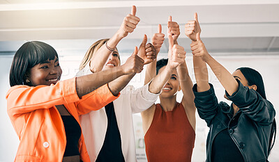 Buy stock photo Success, thumbs up and business women with teamwork, support and group hands for winning, yes and like emoji. Great, okay and diversity people or team collaboration, thanks and winner sign at office