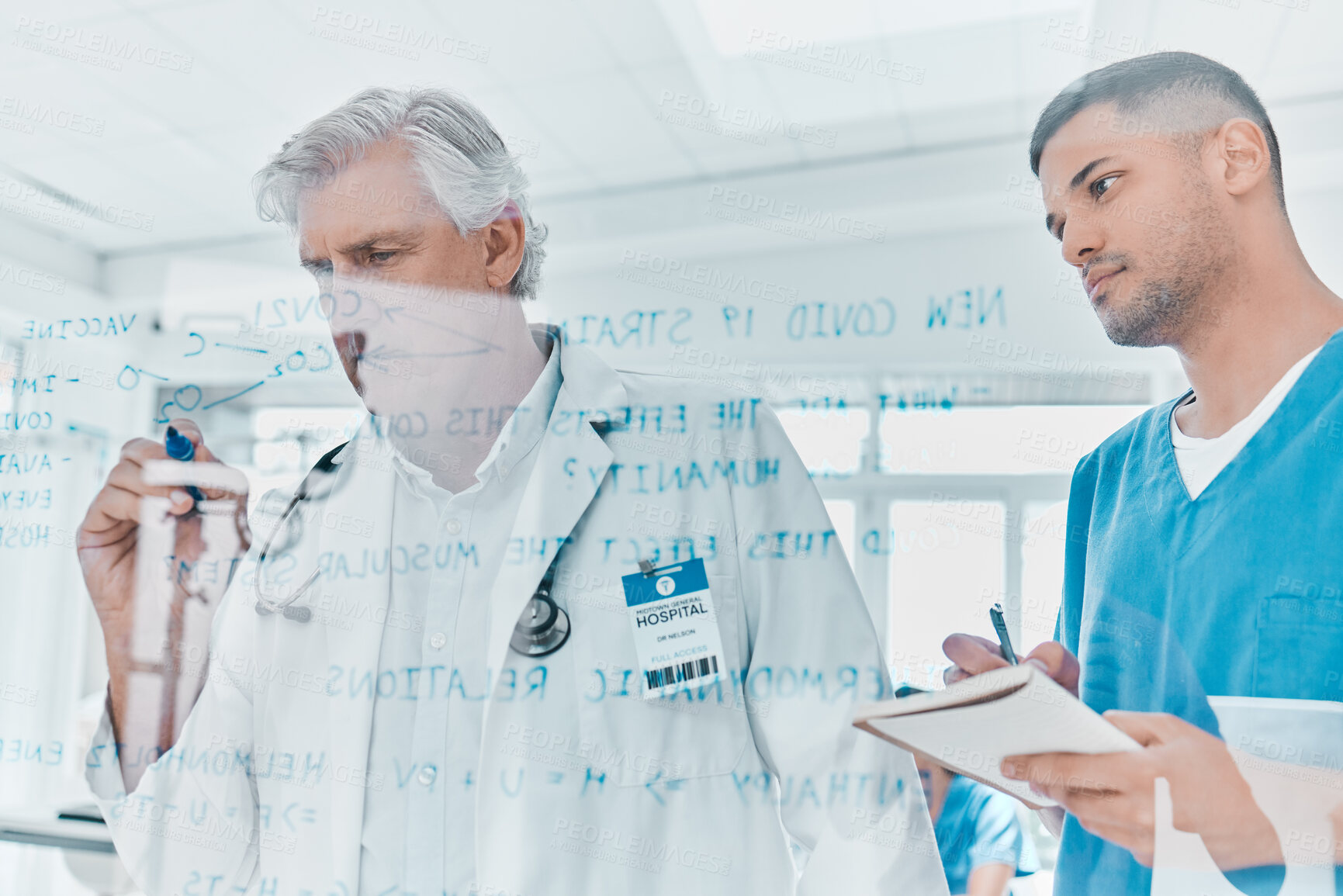 Buy stock photo Doctor, team and men writing on glass in hospital for medical formula, vaccine research and brainstorming. Medicine, mature mentor and diagnosis training for healthcare, treatment and virus discovery