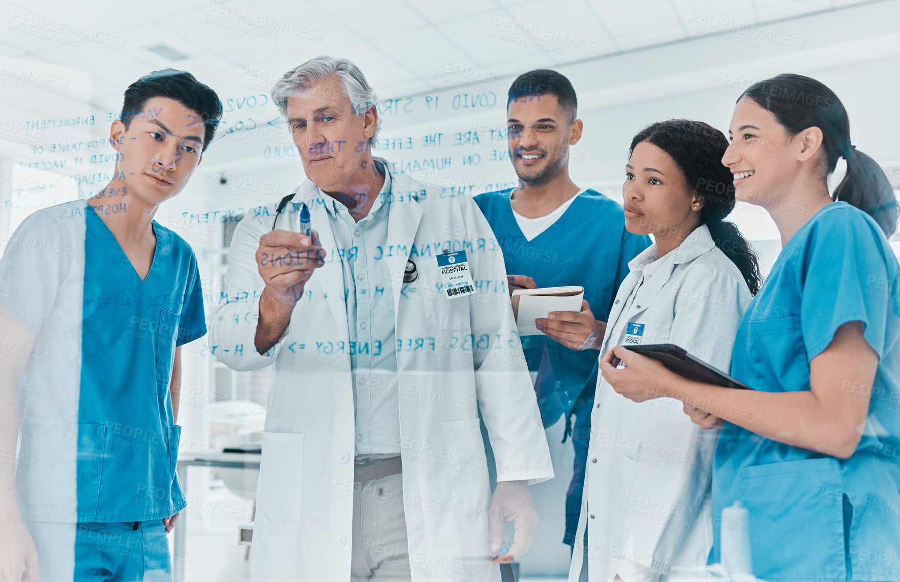 Buy stock photo Medicine, team and people at glass talking in hospital for medical formula, vaccine research or brainstorming. Nurse, mature doctor or diagnosis training for healthcare, treatment and virus discovery