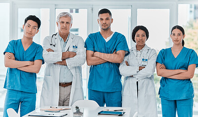 Buy stock photo Doctors, portrait and nurses in hospital for collaboration, medicine and healthcare with diversity. Medical team, people and confidence in office for health, wellness and treatment with crossed arms