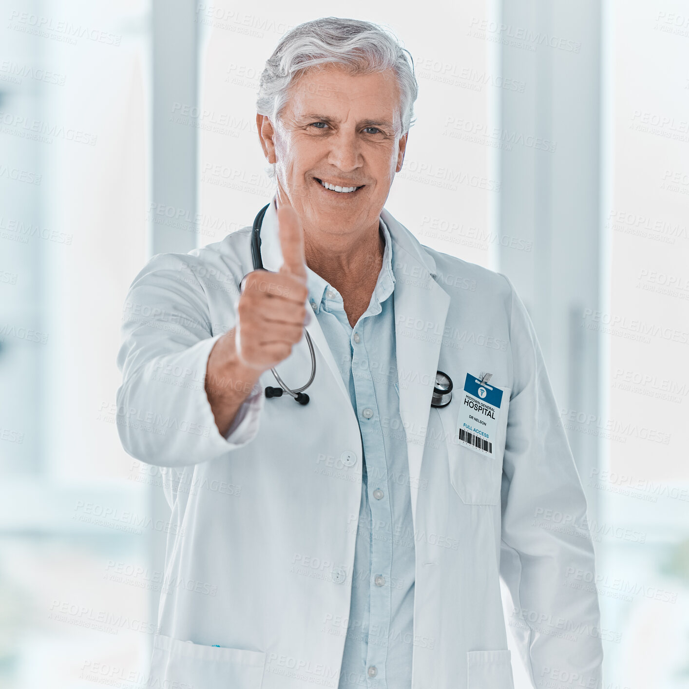 Buy stock photo Doctor, happy and thumbs up in hospital for healthcare, medicine and medical service with agreement. Mature man, portrait and thank you in office for health, wellness and good job with approval hands