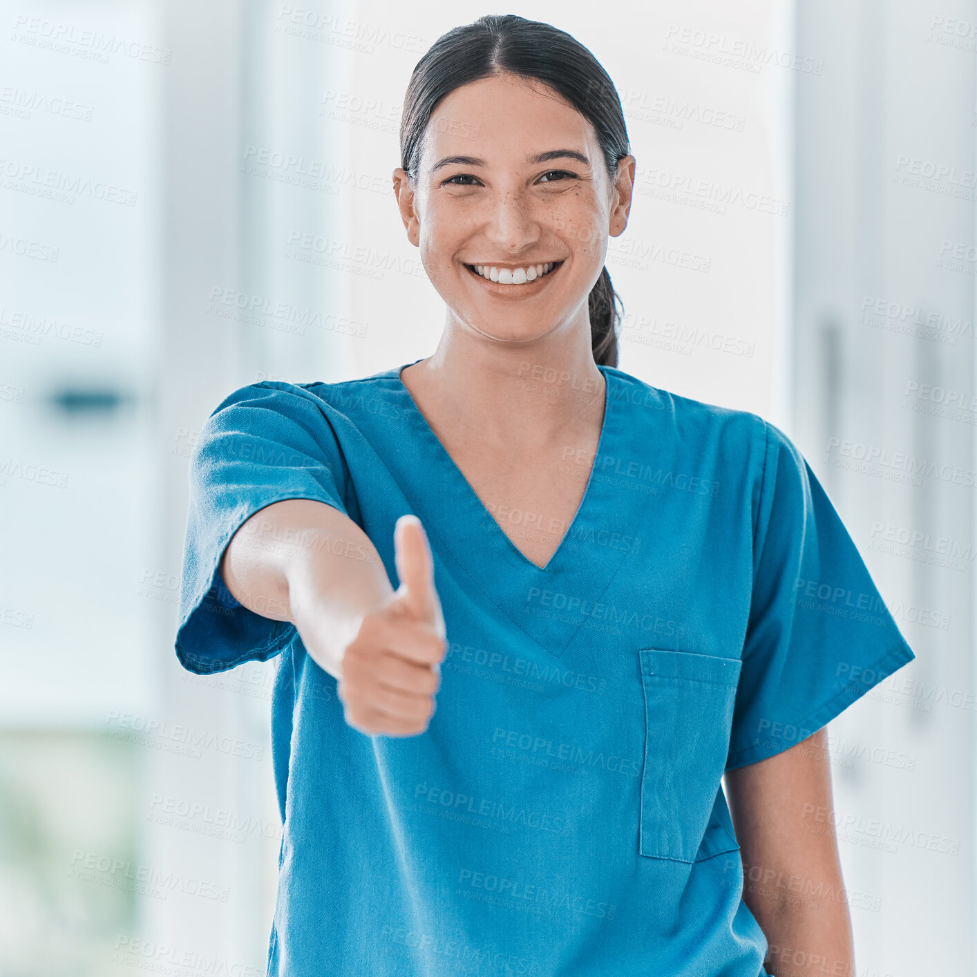 Buy stock photo Portrait, surgeon and happy woman with thumbs up for success, welcome and thank you. Trust, support or proud medical nurse with hand gesture for approval, agreement or yes for healthcare in hospital