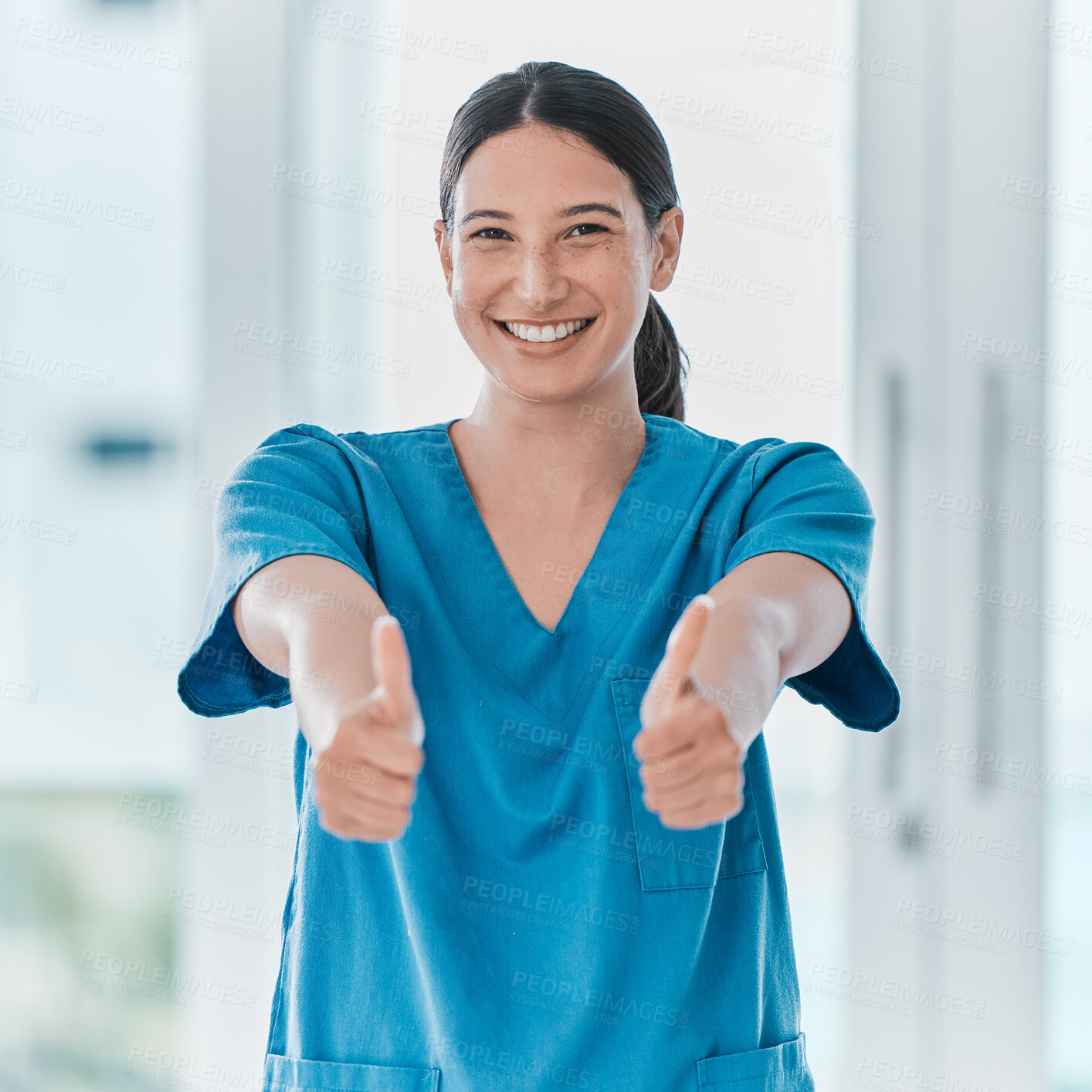 Buy stock photo Portrait, surgeon and happy woman with thumbs up for thank you, welcome and sucess. Trust, support or proud medical nurse with hand gesture for approval, agreement or yes for healthcare in hospital