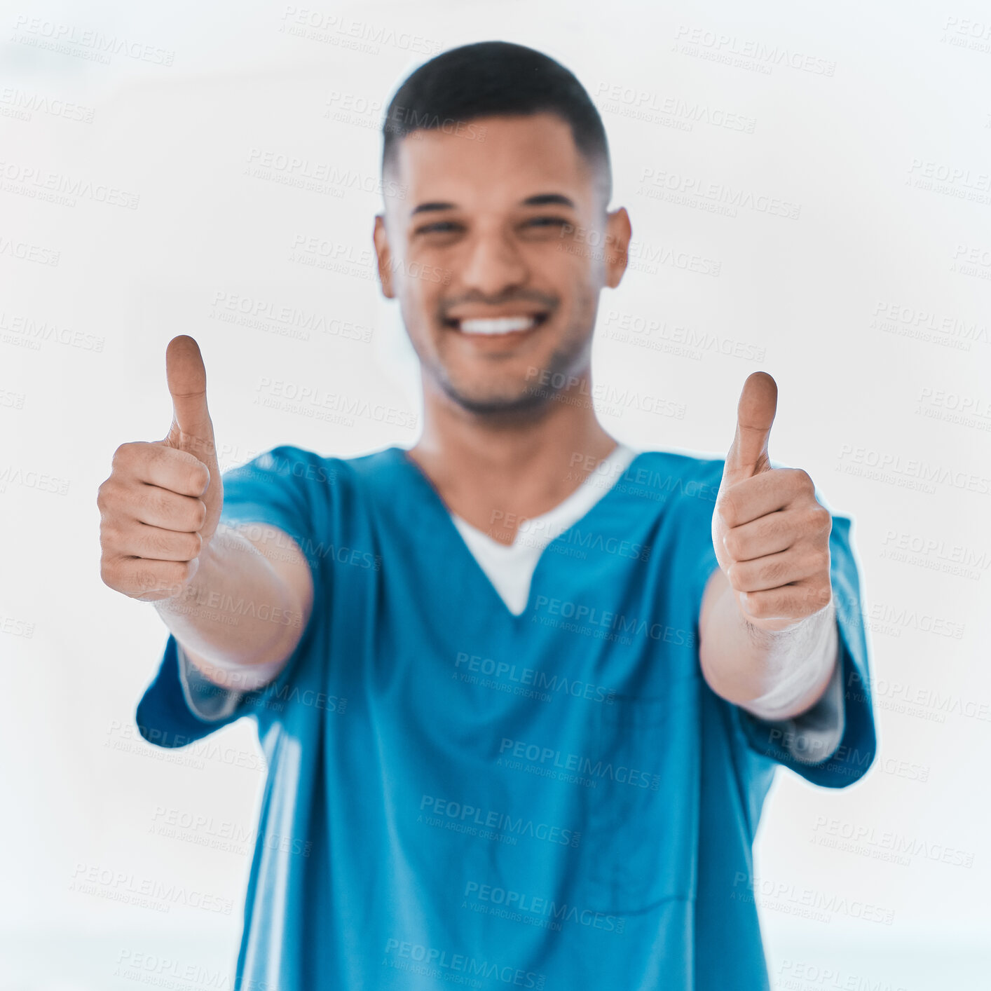 Buy stock photo Portrait, surgeon or happy man with thumbs up for success, welcome or thank you in hospital. India, support or proud medical male nurse with hand gesture for approval, agreement or yes for healthcare