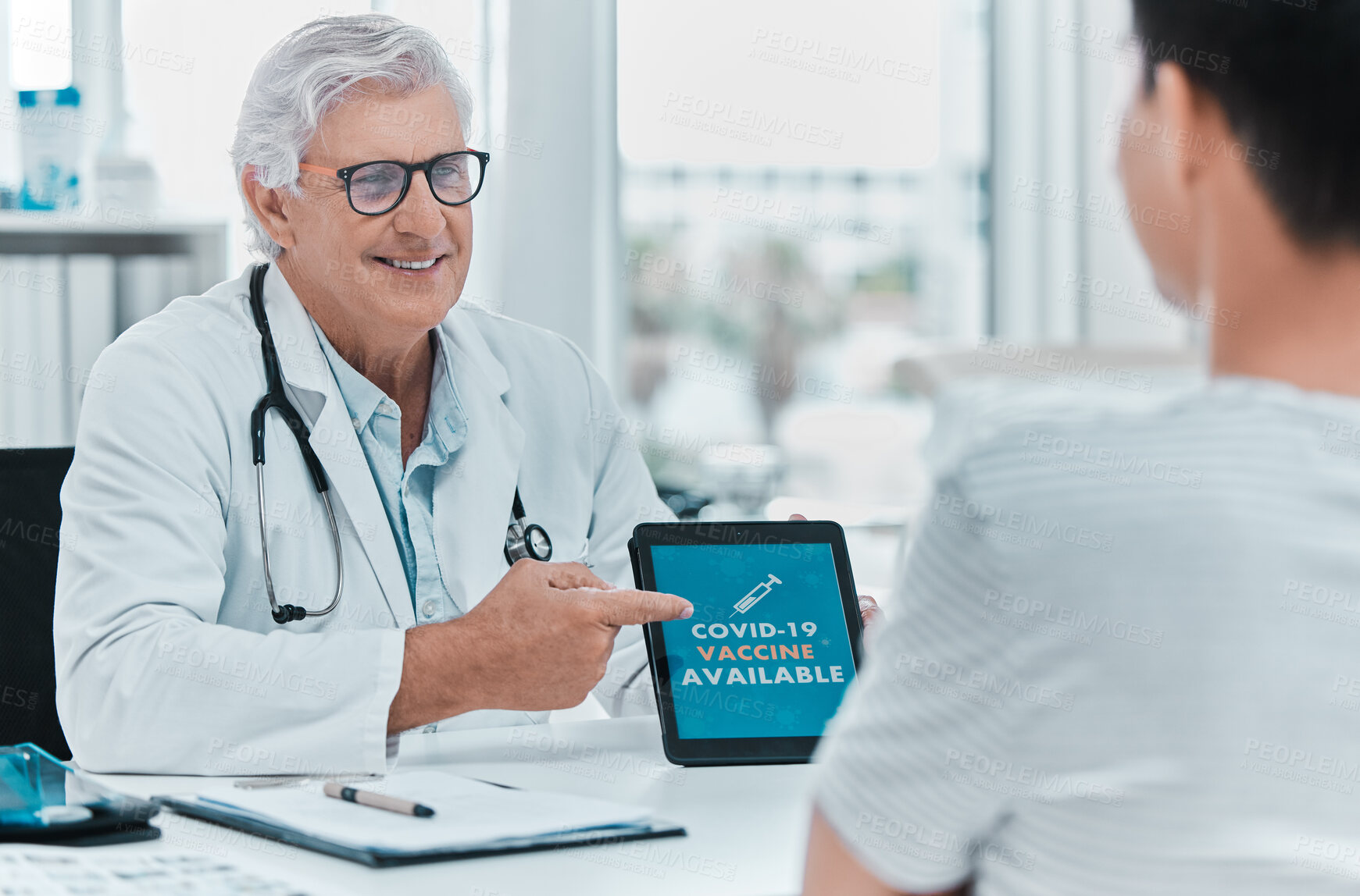 Buy stock photo Tablet, vaccine and doctor with patient in consulting room for medical advice, covid xec variant and news. Technology, medicine and online with people in hospital for cure, virus or diagnosis results