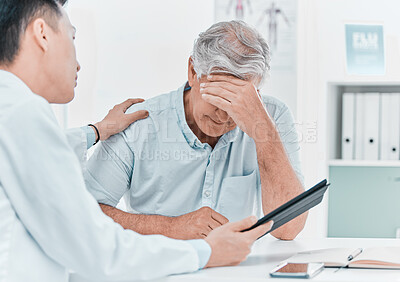 Buy stock photo Men, doctor and patient with stress on tablet in office on consultation with feedback on diagnosis. People, medical professional and mature person at clinic for bad news, report and support or care