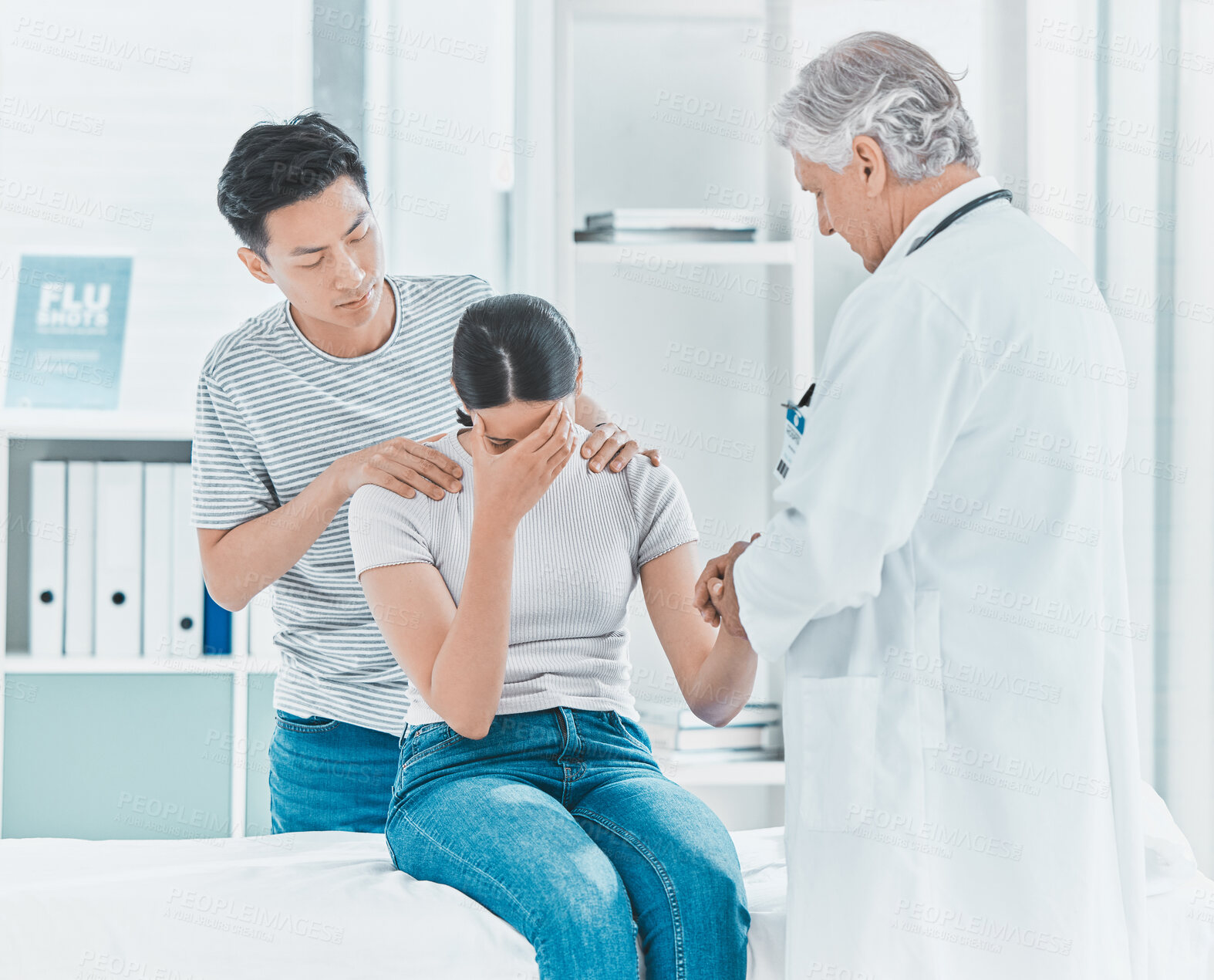 Buy stock photo Doctor, couple or sad in clinic with support, loss or unsuccessful fertility treatment. Gynecologist, people or bad news in practice for miscarriage, infertility or diagnosis in healthcare with grief