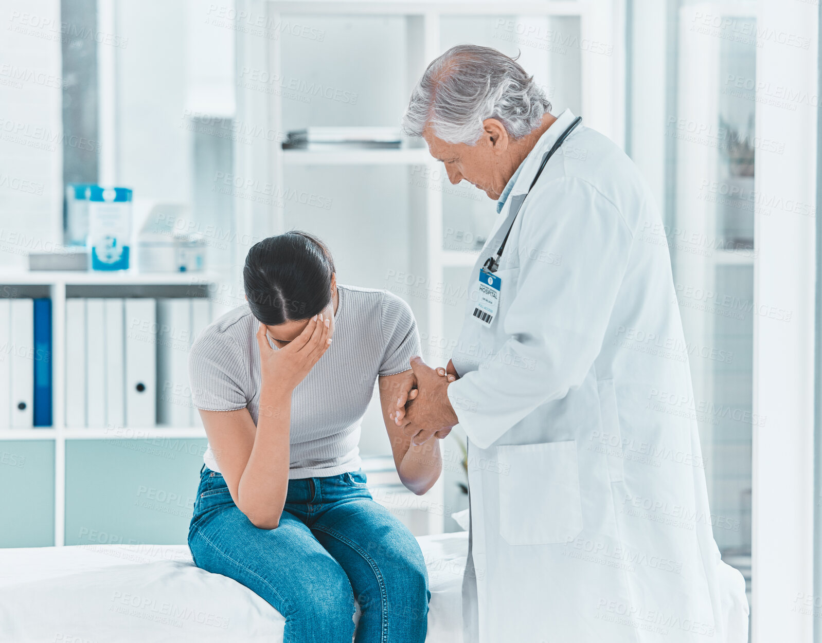 Buy stock photo Doctor, woman or sad in clinic with support, loss or unsuccessful fertility treatment. Gynecologist, patient or bad news in practice for miscarriage, infertility or diagnosis in healthcare with grief