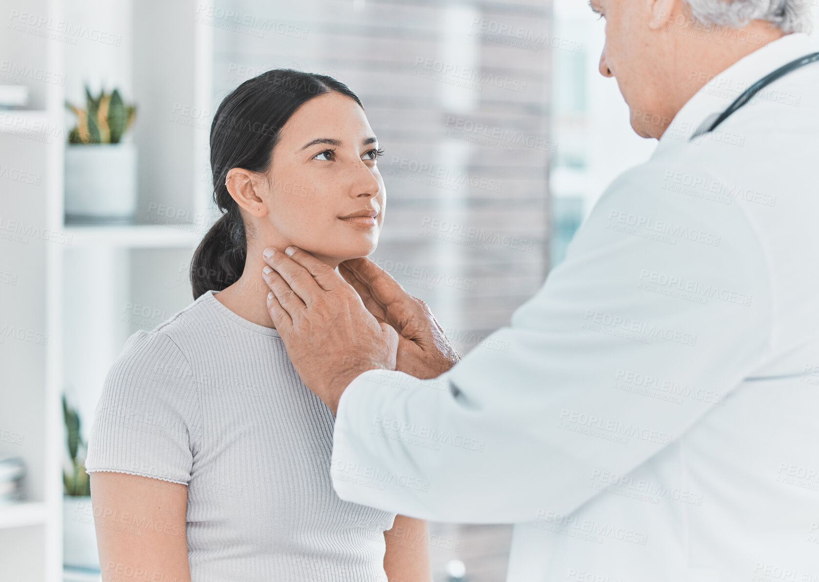 Buy stock photo Healthcare, medical or thyroid with doctor and patient in hospital for diagnosis or feedback. Consulting, medicine or throat infection with professional man and woman in clinic for checkup visit