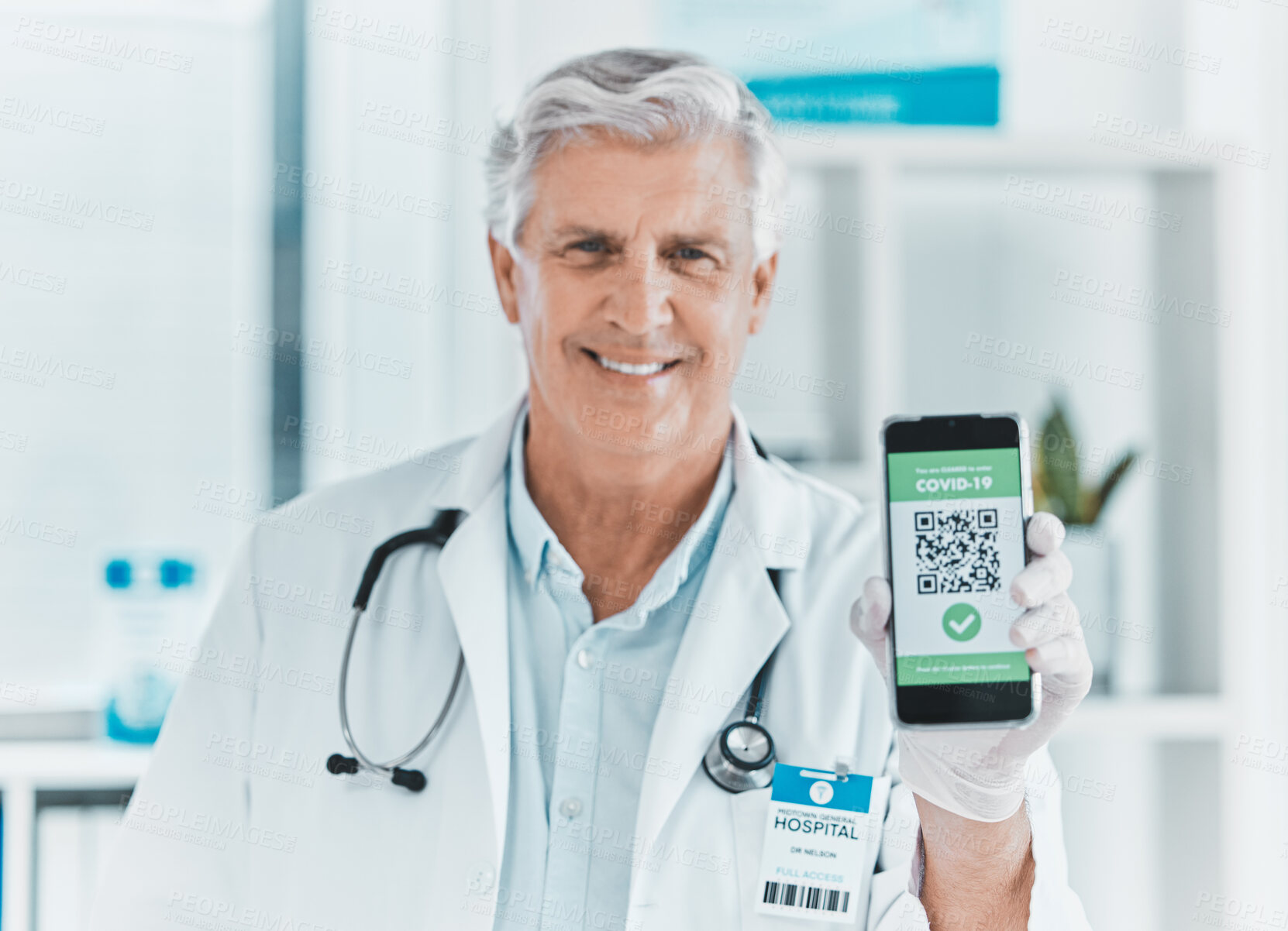 Buy stock photo Doctor, portrait and phone with QR code for covid 19, info and vaccine status in hospital. Healthcare, mature man and screen of mobile with barcode, scan or contactless payment option in consultation