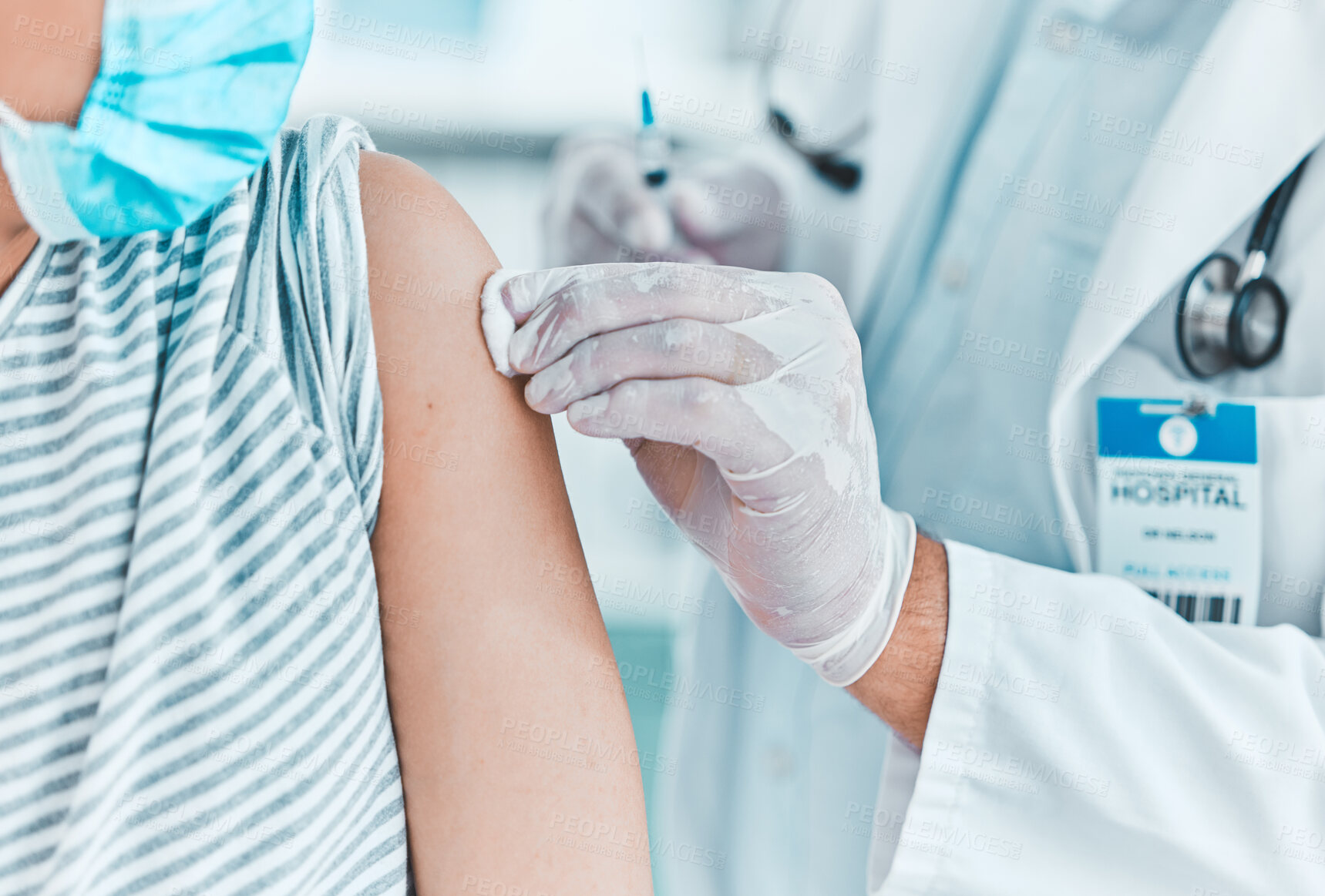 Buy stock photo Arm, injection and doctor in hospital with vaccine for prevention, virus protection and immunity. Healthcare, clinic and person with needle for patient for monkey pox treatment, medicine and wellness