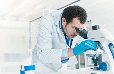 Buy stock photo Microscope, man and scientist in laboratory for science breakthrough, clinical trial and discovery. Biotechnology, medical equipment and vaccine research with petri dish for mpox cure development