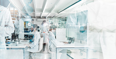 Buy stock photo Scientist, double exposure and lab worker with medical research, working and chemistry analysis. Staff, science and laboratory for medicine pathology and innovation in a hospital and health clinic 