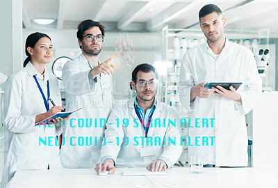 Buy stock photo Scientist, people and computer for virus alert of covid 19 announcement, pandemic outbreak and medical news. Researcher, digital and corona strain for healthcare poster, safety emergency and warning