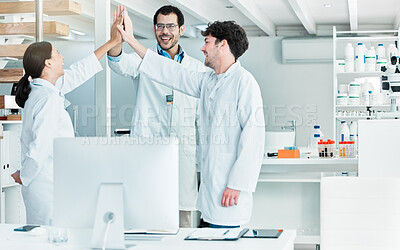 Buy stock photo High five, success or happy people with science goals, clinical trial breakthrough or discovery. Medical victory, target or scientists in lab with innovation for vaccine research, help or development