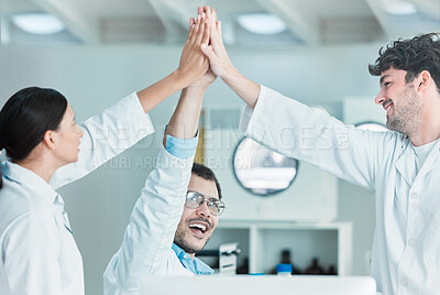 Buy stock photo High five, results or happy people with science goals, clinical trial breakthrough or discovery. Medical success, target or scientists in lab with innovation for vaccine research, help or development