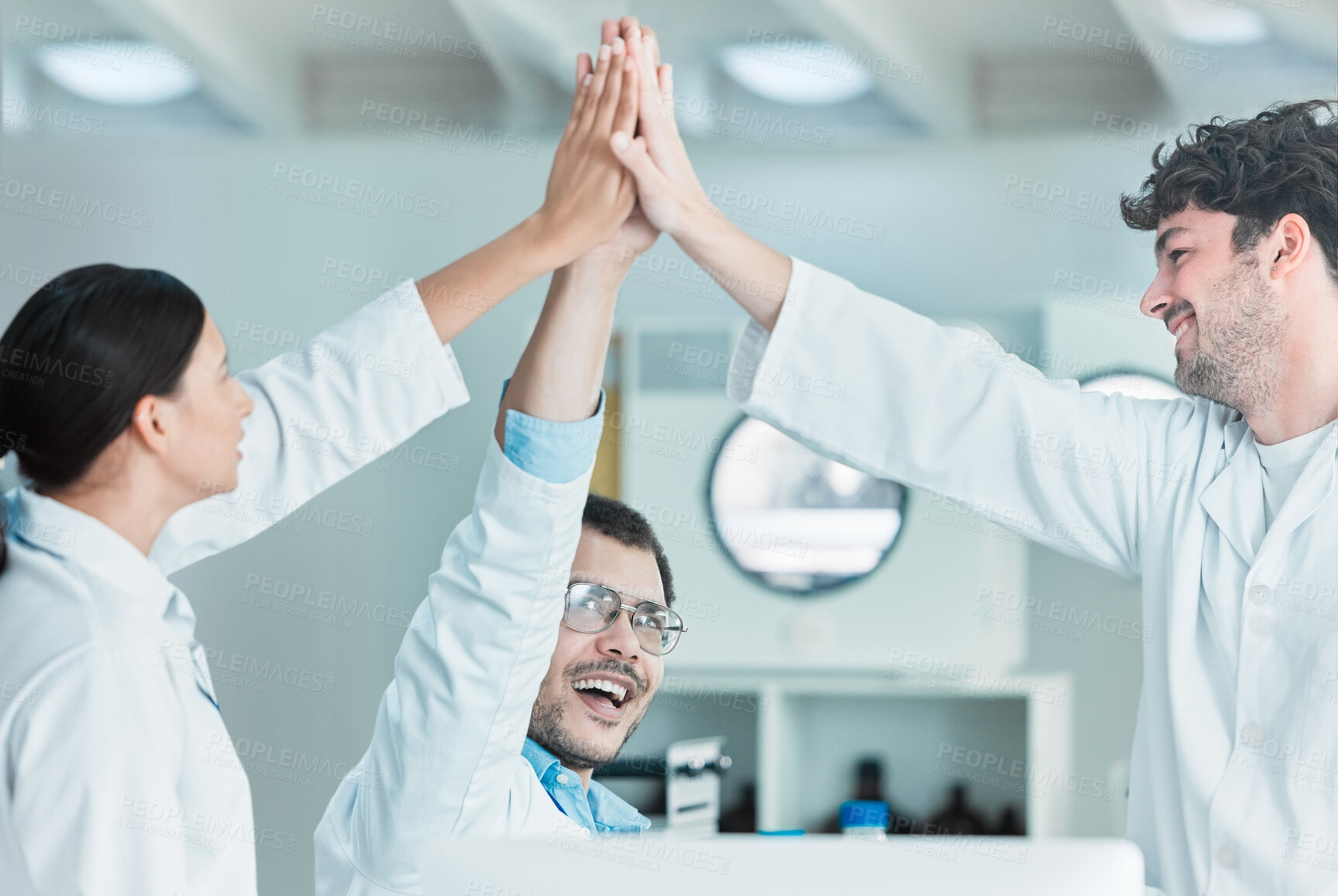 Buy stock photo High five, results or happy people with science goals, clinical trial breakthrough or discovery. Medical success, target or scientists in lab with innovation for vaccine research, help or development