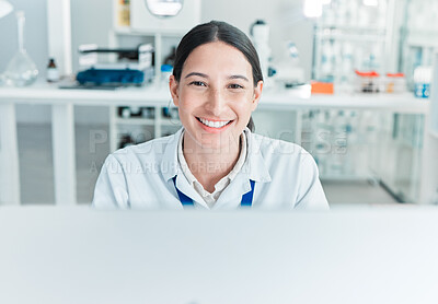 Buy stock photo Woman, portrait and smile in lab for science, chemical engineering or research findings on computer. Girl, scientist or happy in office for medical knowledge for medicine development or study at tech