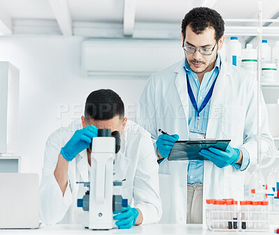 Buy stock photo Shot of two young scientists working together in a lab