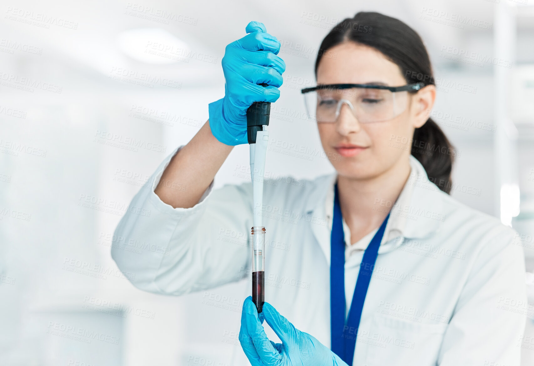 Buy stock photo Blood test, woman and scientist with dropper for science breakthrough, clinical trial or discovery. Biotechnology, studying dna results or vaccine research with sample tubes for mpox cure development