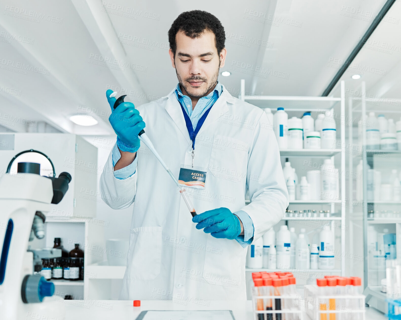 Buy stock photo Man, scientist and blood sample in lab for medical analysis, dna experiment and engineering solution. Researcher, red liquid and healthcare of science, bacteria assessment and vaccine investigation