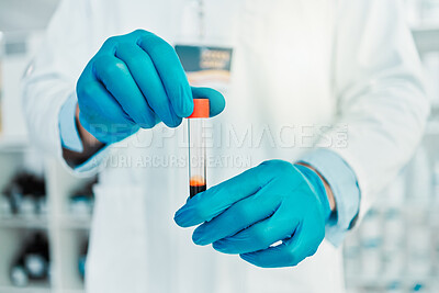 Buy stock photo Hands, scientist and blood sample in lab with medical research, dna experiment and engineering solution. Person, red liquid and healthcare with science, bacteria assessment and vaccine investigation