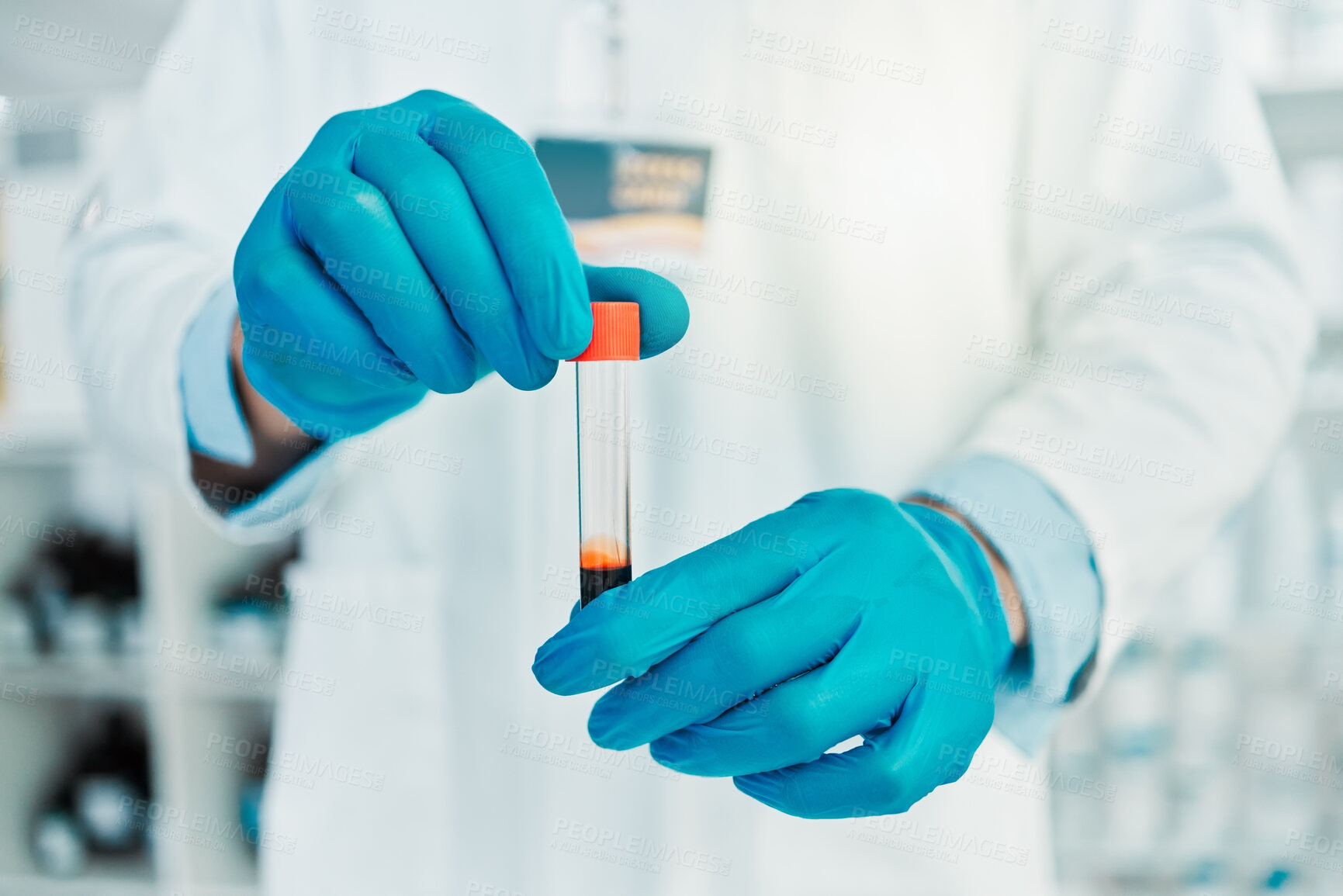 Buy stock photo Hands, scientist and blood sample in lab with medical research, dna experiment and engineering solution. Person, red liquid and healthcare with science, bacteria assessment and vaccine investigation