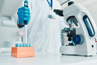 Buy stock photo Microscope, hands or scientist with dropper for samples particles, clinical trial or chemical discovery. Person, medical science or vaccine research in laboratory for closeup or mpox cure development