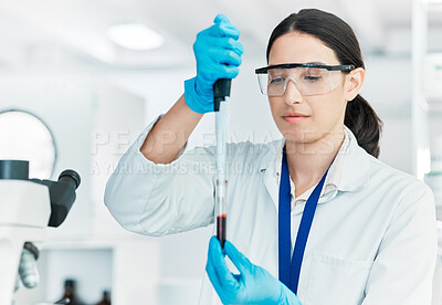 Buy stock photo Blood test, woman and scientist in lab with dropper for science breakthrough, clinical trial or discovery. Biotechnology, dna results or vaccine research with sample tubes for mpox cure development