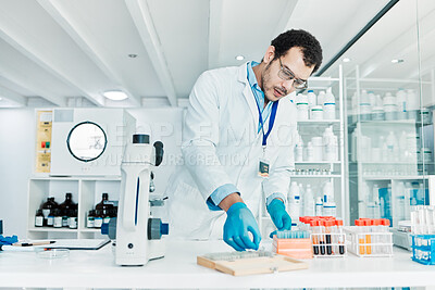 Buy stock photo Man, researcher and blood test in lab for medical analysis, dna experiment and engineering solution. Scientist, liquid sample and healthcare for science, bacteria assessment and vaccine investigation