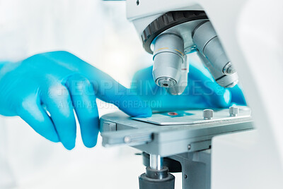 Buy stock photo Microscope, hands or scientist with petridish for samples particles, clinical trial or chemical discovery. Person, medical science or vaccine research in lab for DNA closeup or mpox cure development