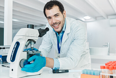 Buy stock photo Laboratory, portrait and man with microscope for discovery, check and research for science study. Healthcare, male scientist and investigation with biotechnology for dna test, review and observation