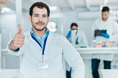 Buy stock photo Portrait, science and man with thumbs up, research and support for biotechnology, emoji or icon. Face, person or scientist with hand gesture, symbol for like or promotion for vaccine or chemistry lab