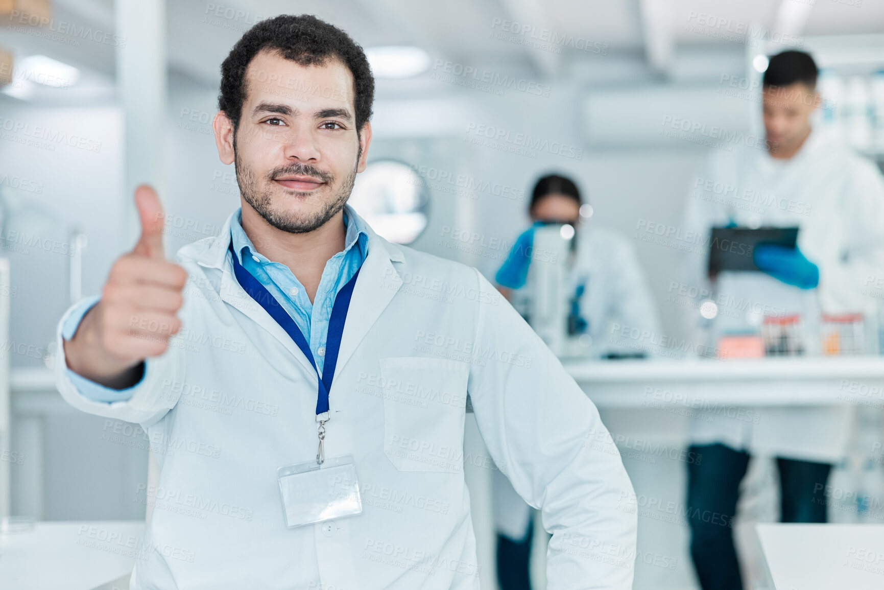 Buy stock photo Portrait, science and man with thumbs up, research and support for biotechnology, emoji or icon. Face, person or scientist with hand gesture, symbol for like or promotion for vaccine or chemistry lab