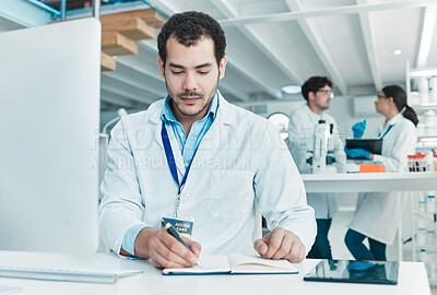 Buy stock photo Writing, diary or man in laboratory for science breakthrough, clinical trial or discovery feedback. Notes, medical info or scientist with checklist for vaccine research, cure or study development