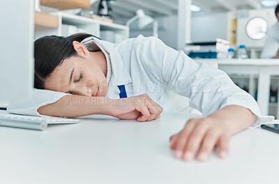 Buy stock photo Sleeping, science and fatigue with woman in laboratory for medicine research, antibiotic resistance news and deadline. Healthcare, medical and tired with person for emergency, frustrated and accident