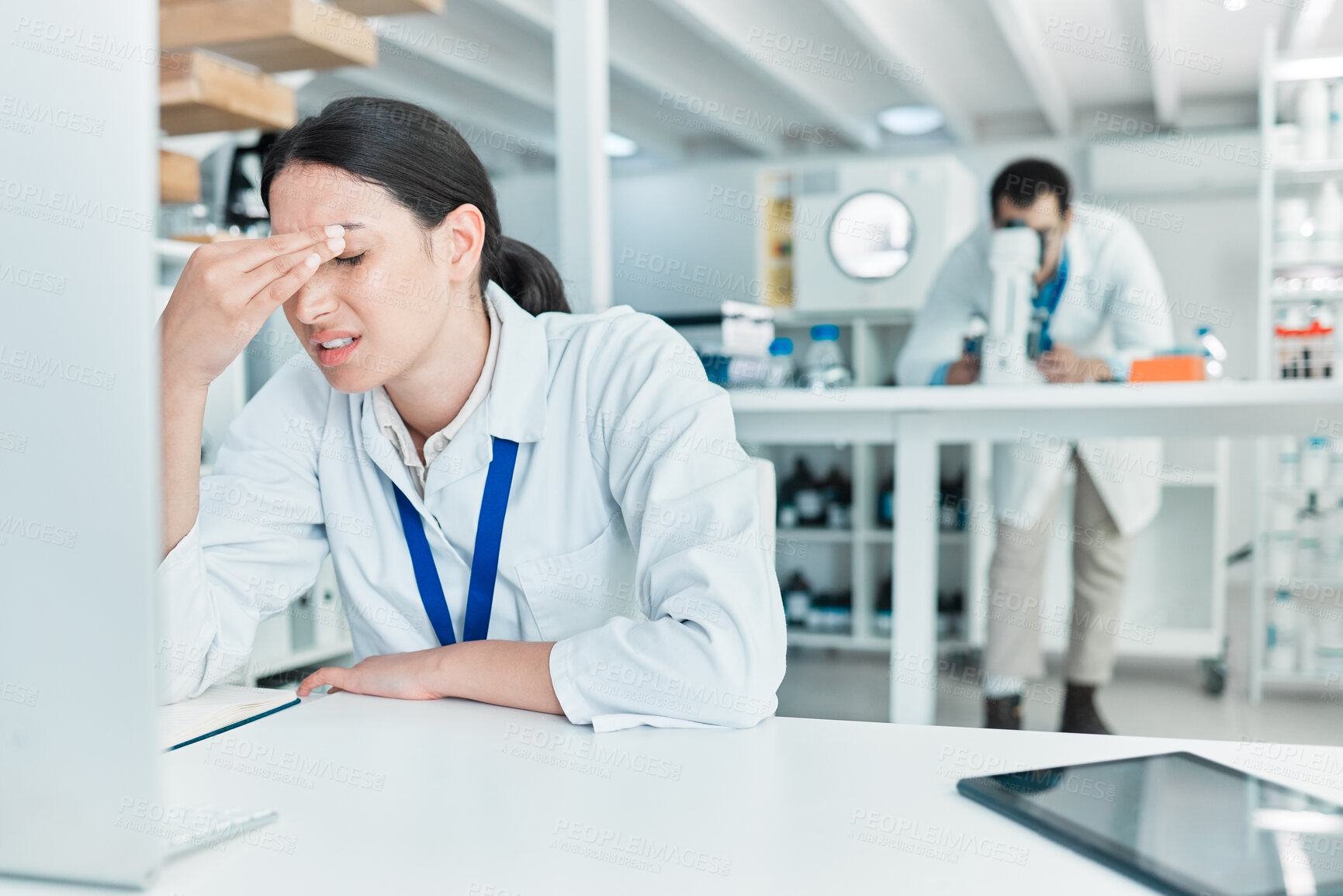 Buy stock photo Stress, science and headache with woman in laboratory for tired, antibiotic resistance news or deadline. Healthcare, medical research and fatigue with scientist for emergency, frustrated or accident