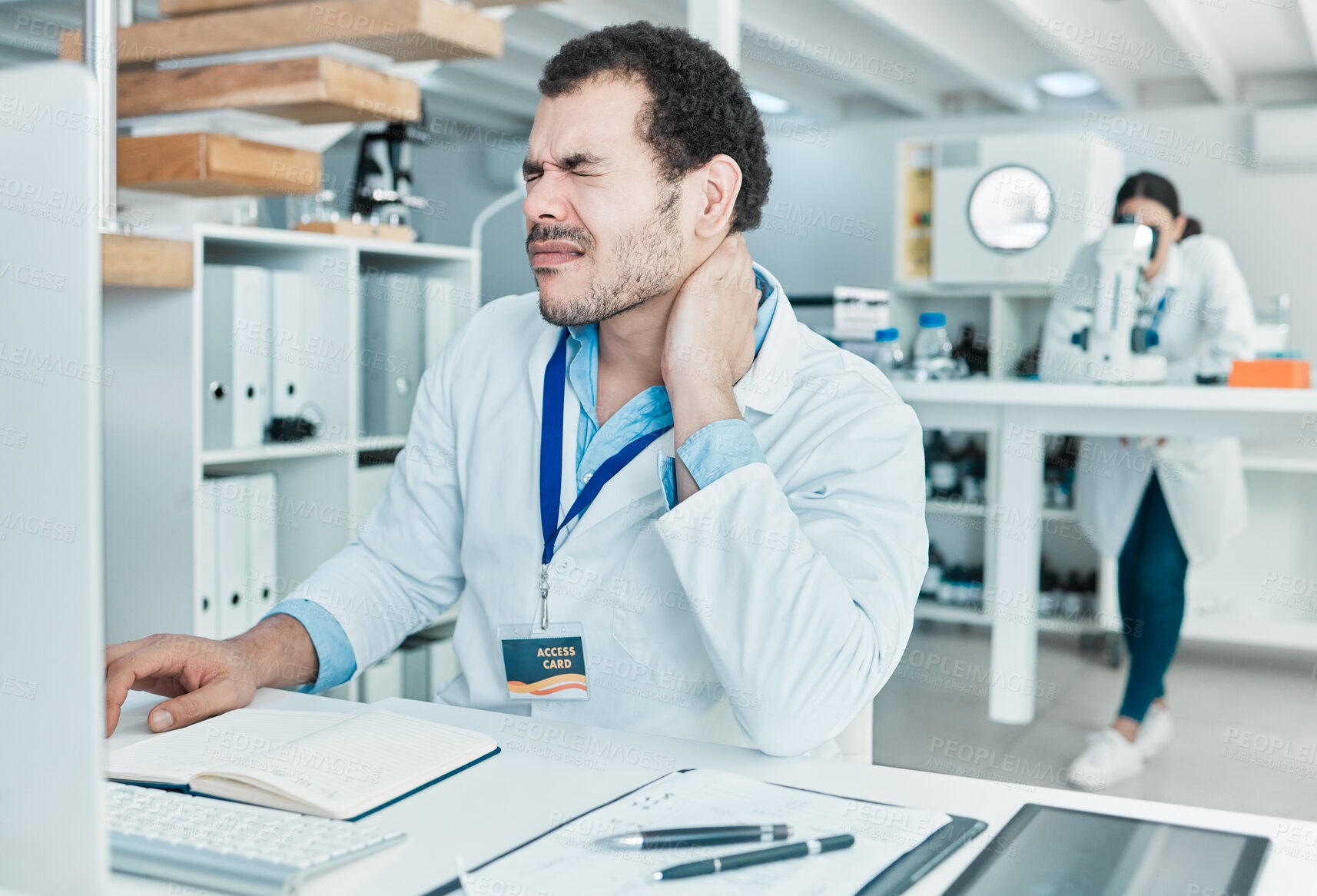 Buy stock photo Neck pain, science and research with man in laboratory for stress, antibiotic resistance news and deadline. Healthcare, medical and fatigue with person for emergency, frustrated and accident