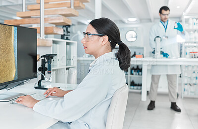 Buy stock photo Woman scientist, desktop and medical research in science lab for chemistry experiment in healthcare. Female person, technology and results in pharmaceutical test, analysis or mpox vaccine in hospital