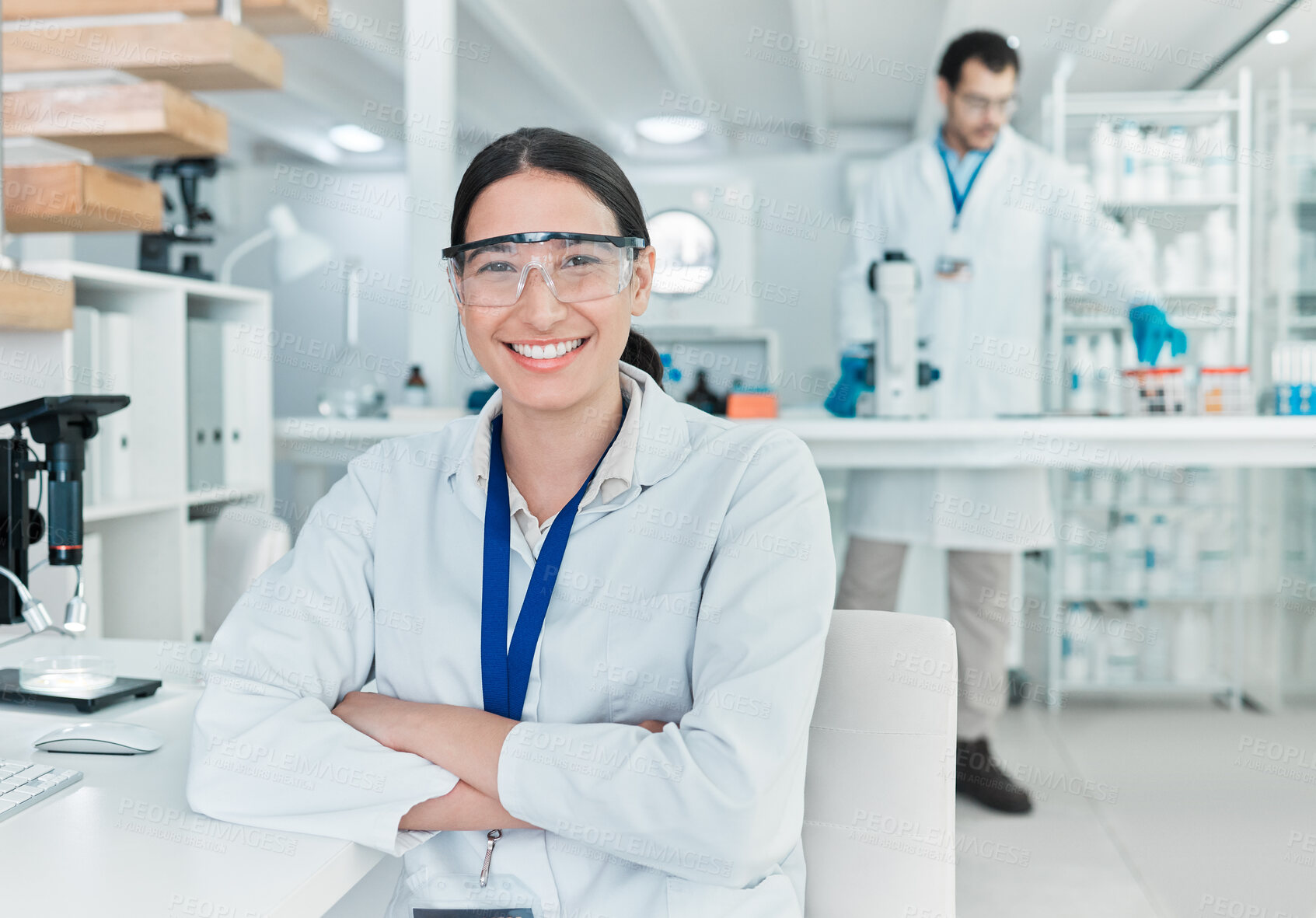 Buy stock photo Woman, portrait and confident in lab for science, chemical engineering and research with tech. Happy, scientist and arms crossed in office with PPE, medical knowledge or medicine development in study