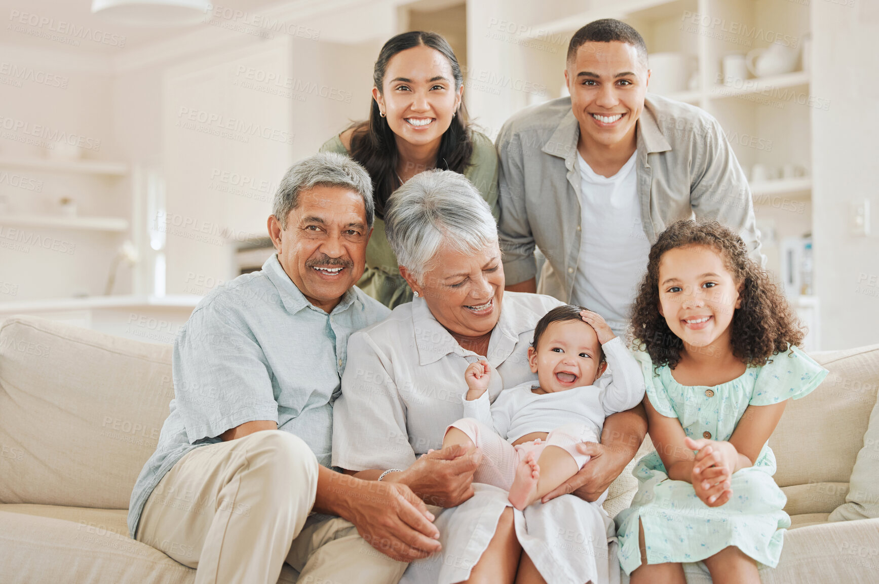 Buy stock photo Family, portrait and relax in house for bonding, care and people on sofa with joy, embrace and weekend. Generations, face and happy with smile for love, relationship and comfort in lounge on couch